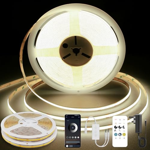 TTWAY Striscia LED COB da 10 m, bianco naturale, 4000 K, 24 V, dimmerabile, larghezza 8 mm, con telecomando e alimentatore di rete (4000 K, 10 m)