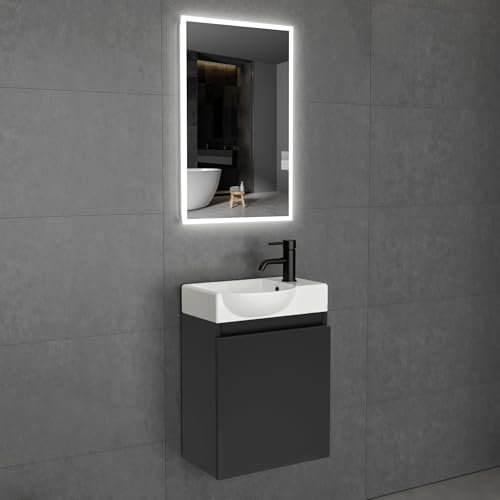 Alpenberger Badezimmer Möbel Set | Waschbecken mit Unterschrank | Badmöbel für Kleine Bäder | LED Spiegel mit Beleuchtung | Waschbeckenunterschrank Schwarz Matt + Links Becken