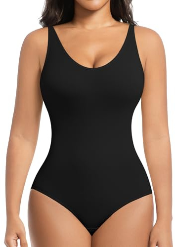 ONEW Shapewear Bodysuit for Women Tummy Control Body Shaper V Neck Cami Bodysuit Top with Adjustable Straps Waist Trainer Shaping Body Suit Black M