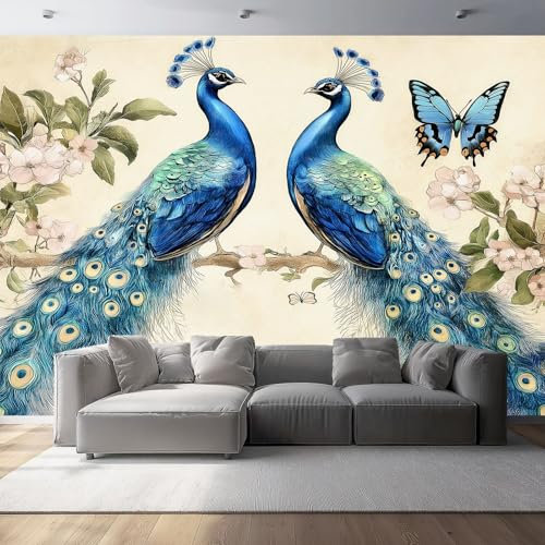 Carta da parati stampata 200 x 140 cm Carta da parati murale non tessuta Acquerello Pavone Fiori Farfalla Decorazione murale per la casa alla moda per camera da letto e soggiorno Colore