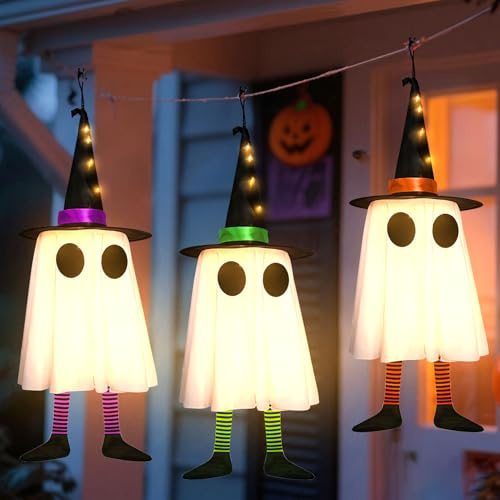 Halloween Deko Geister Lichterkette, 3 Stück Halloween Geist Hängende mit LED Licht, Helloween Dekoration Geister Lichter, Leuchtende Geist Ornamente LED Lichterkette für Garten Outdoor Innen
