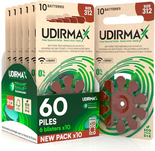 60 Pilas para Audífonos PR41 Tamaño 312 (Marrones) Udirmax Zinc-Aire 0% Mercurio 1,45V con Tecnología Dynamic Sonar Eco Pack - 6 Blísteres Ecológicos de 10 Pilas