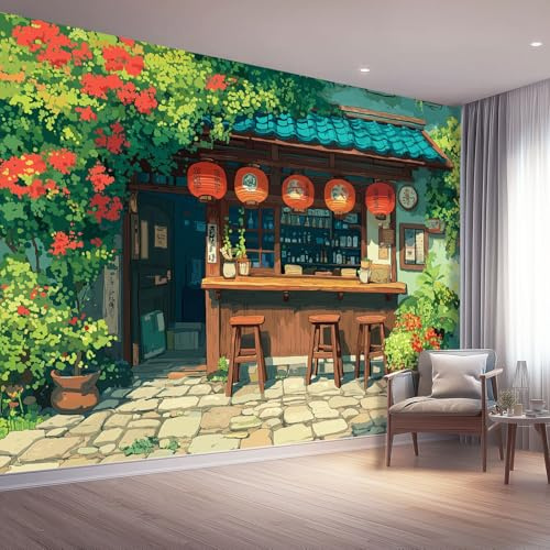 Fototapete Japanischer Stil Wandtapete Fototapeten Wohnzimmer Schlafzimmer Kinderzimmer Moderne Tapeten Vliestapete Grün Teehaus Laternen Wanddeko, 200 x 140 cm
