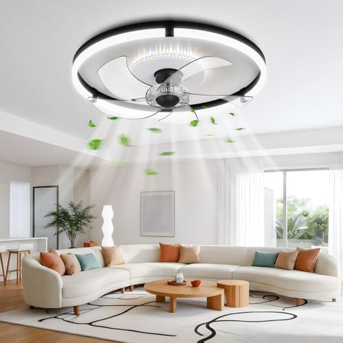 Omdekor Ventilador de techo con iluminación, lámpara LED de techo, aplicación y mando a distancia; regulable, para salón, dormitorio y comedor, 6 velocidades, temporizador