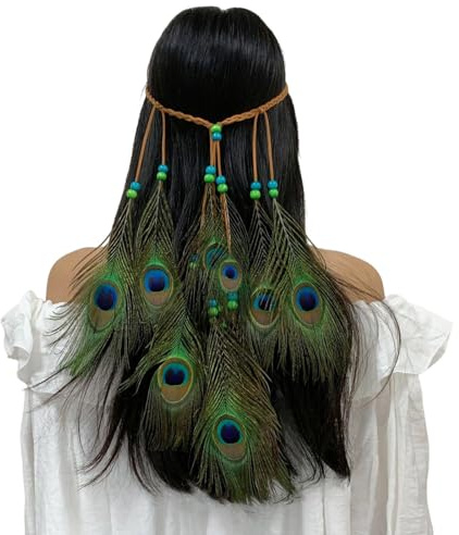 Generisch Damen Hippie Boho Haarband Haarschmuck Indianer Stirnband Vintage Kopfschmuck Pfau Feder Quaste Haarreif Indianer Haarkrone Federn Tribal Headware Karneval Zubehör Party Outfit