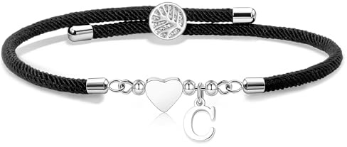 Suonie Regalo de Pulsera de Cuerda de Trenza Hecha a Mano,Pulsera Ajustable del Corazón de Plata 26 Inicial A-Z Para la Hija Hijo Madre Hermana Cumpleaños Navidad