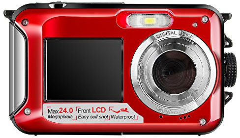 Hoyxel EG04 - Fotocamera digitale impermeabile, con doppio schermo, mini videocamera FHD, supporto subacqueo, registrazione sportiva, auto-ripresa (rosso trasparente)