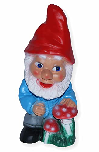 RAKSO Deko Figur Zwerg H 20 cm Gartenzwerg mit Pilzen stehend Gartenfigur aus Kunststoff