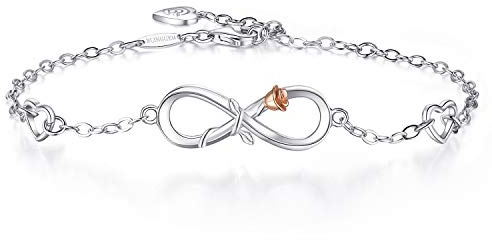 BlingGem Armband Damen Rose Unendlichkeit Herz aus Weißgold vergoldet 925 Sterling Silber Armkette Frauen Gliederarmband Geschenk