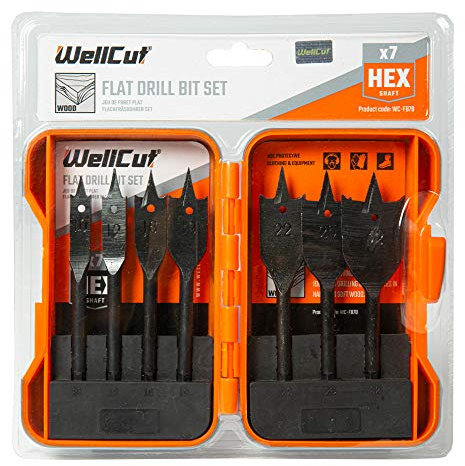 Flat Drill Bit 7-Pieces Set 10-32mm Ultra Sharp Drill Spade Bit Set With Storage Case Ideal For Woodworking, Tradesman, Electricians, Plumbers, WellCut