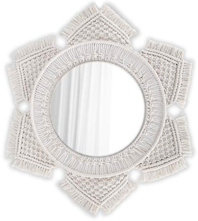 Flexzion Hängender Wandspiegel mit Sonne Mond Makramee Makrorahmen Rund Spiegel Kunst Wanddeko Boho Rustikales Dekor für Wandmontage Wohnzimmer Schlafzimmer Kinderzimmer