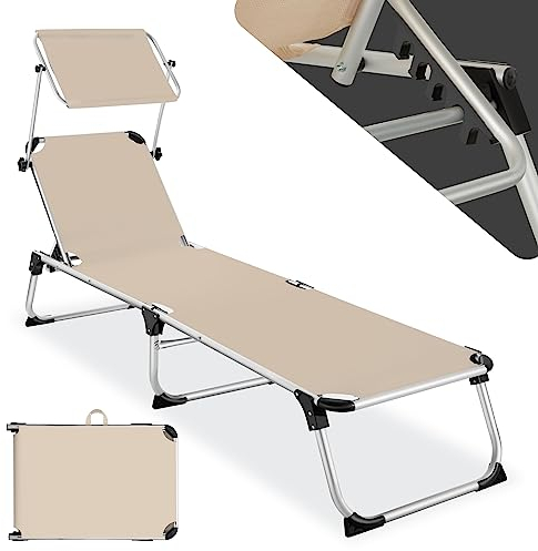 tectake Sonnenliege mit Dach, Balkon Liege aus Aluminium, klappbare Gartenliege, wetterfest, Liegestuhl für Garten, Camping und Strand mit Verstellbarer Rückenlehne, 2 Tragegriffe - beige