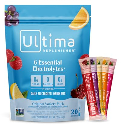 Ultima Replenisher Daily Electrolyte Powder – Original Variety Pack, 20 Stickpacks – Zero Sugar Hydration Packets with 6 Electrolytes and Minerals – Sugar Free, Plant Based & Keto Friendly​ Drink Mix