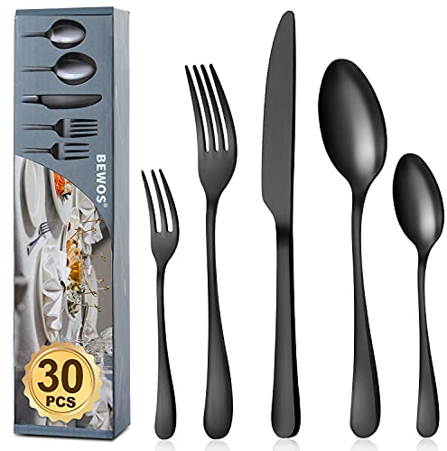 BEWOS Besteck Set für 6 Personen, 30 teilig Schwarz Mattiert Essbesteck Set inkl. Messer, Gabel, Löffel, Besteck Edelstahl, Spülmaschinenfest