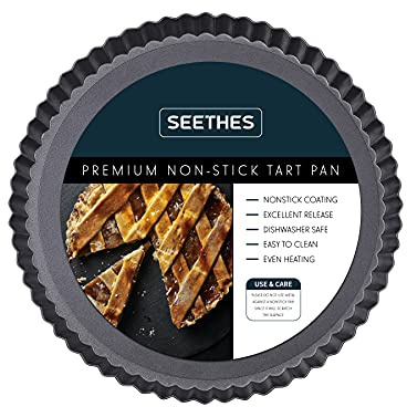 SEETHES Tart Pan Black Carbon Steel, Non-Stick Quiche Pan, Tart Pan 9 inch removable bottom and 10 Baking Parchments-Oven and Dishwasher Safe