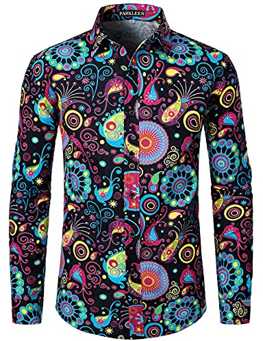 PARKLEES Camicia a maniche lunghe in lino con stampa etnica retrò da uomo, Multicolore, XL