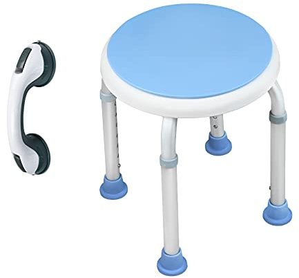 YUENFONG Duschhocker Duschstuhl 360°Drehbar Badehocker und 36-51cm Höhenverstellbar, Alu und Kunststoff Badestuhl Duschsitz mit Anti-Rutsch fußpolster(Modell K, mit Griffstangen)