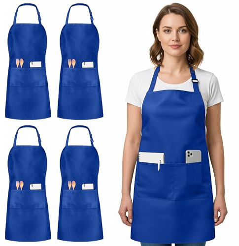 Utopia Kitchen 4 Pack Bib Apron Adjustable with 2 Pockets, Water and Oil Resistant, Cooking Kitchen Chef Apron for Women Men, Blue