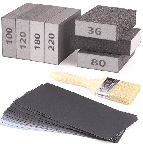 Cimeton 20-teiliges Schleifschwamm-Set, inklusive 7 Stück Körnungen 36–220, waschbar, wiederverwendbar, Schleifschwamm und 12 Stück Körnungen 240–5000 und 1 Stück Bürste für Holz, Metall, Möbel