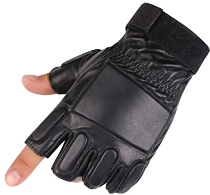 Long Keeper Gants Cuir Homme sans Doigt - Gants Moto Homme en Cuir Noir Mitaine Demi Doigt Souple Tactile Gants pour Conduite Voiture Moto Velo Plein Air