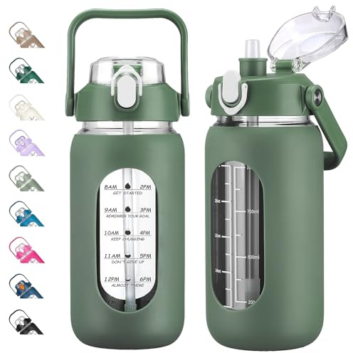kytffu 42oz Glass Water Bottles with Straw, Motivational Glass Bottle with Silicone Sleeve and Time Marker, Leakproof Large Glass Water Jug for Gym Home Office,Olive