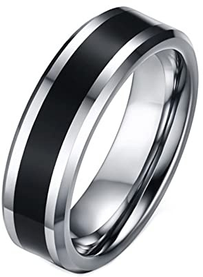 Beydodo Wolframcarbid Ringe Partner, Herren Ring 6MM mit Emaille Hochglanzpoiliert Bandring Freundschaftsring Silber Schwarz für Männer