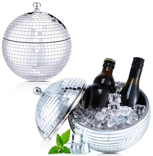 Hoolerry 2l Disco Ball Ice Bucket for New Years Eve Christmas Retro 70s Cocktail Barware Mirror Silver Disco Beverage Vase Bowl Drink Barrel Double Stainless Steel Bachelorette Party Gift Supplies | Retro Silver Mirror Design for Cocktail Parties, Stainless Beverage Cooler, Bachelorette Gift, Vintage Barware Decor
