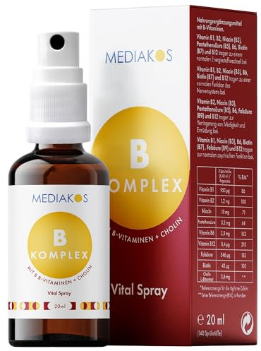 Mediakos® Vitamin B Komplex Spray - Hochdosiert & Vegan - Vitamin Präparat mit allen 8 B-Vitaminen und Cholin - B1, B2, B3 (Niacin), B6, B12 & mehr - Vital Spray mit Apfel-Geschmack (20ml)