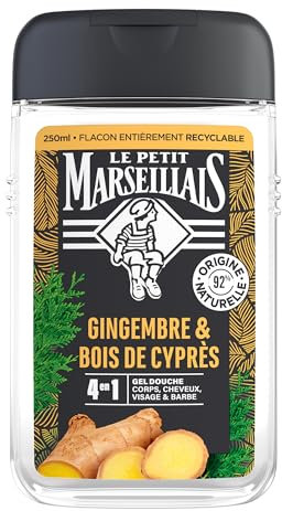 Le Petit Marseillais | Gel Douche Homme Gingembre & Bois de Cyprès (flacon de 250 ml) – Formule 4 en 1 corps, cheveux, visage & barbe – 92% d'ingrédients d'origine naturelle et pH neutre