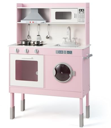 DREAMADE Höhenverstellbare Kinderküche mit Licht und Sound, Spielküche aus Holz mit Zubehör, Kinderspielküche mit Spüle Herd Backofen, Holzküche Spielzeugküche für Kinder ab 3 Jahren, rosa (Klein)