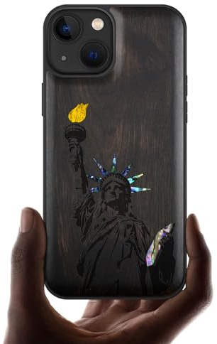 Carveit Bois Etui pour iPhone 13 Magnétique Coque, Incrustation de Coquille Protection de Téléphone Antichoc Compatible avec Apple 13 Étui Magsafe (Bois Sombre-Statue de la Liberté)