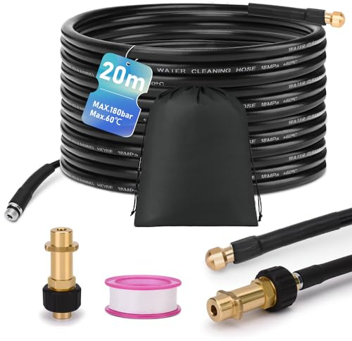 20m Rohrreinigungsschlauch Set, 180 bar, inkl. Tasche mit M22 Adapter, universal Rohrreinigungsset, kompatibel mit K2 K3 K4 K5 K6 K7 Hochdruckreiniger, 4 nach hinten gerichtete Hochdruckstrahlen