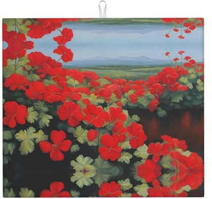 YYHWHJDE Abtropfmatte mit roten Geranien-Topfpflanzen-Drucken, für Küche: wasserabsorbierend, rutschfest, wendbar, mit Umhängeband zum Aufhängen, 45,7 x 40,6 cm