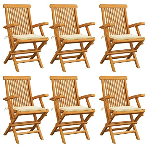 DYRJDJWIDHW Sun Garden,campingstuhl hochlehner,hochlehner gartenstuhl,Gartenstühle mit Cremeweißen Kissen 6 STK. Massivholz Teakauflagen, Kissen & Polster,gartenstuhl Metall,hochlehner auflagen,