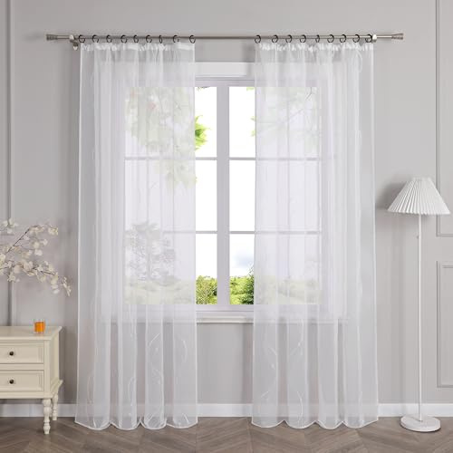 HeichkelL Gardinenschal mit Stickerei Bestickt Vorhang Transparent Fensterschal mit Kräuselband Weiß BxH 140x225 cm 1 Stück