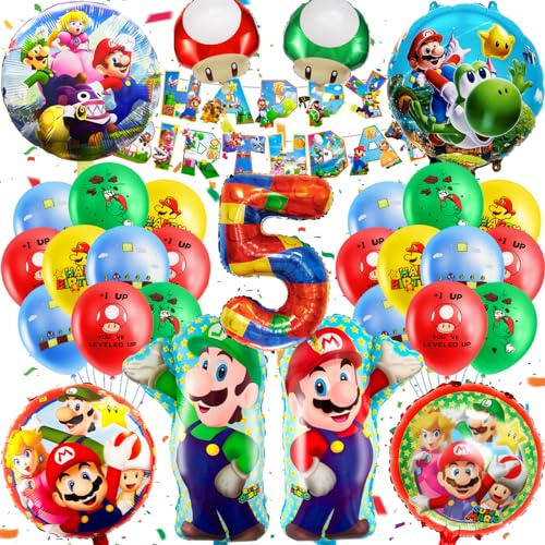 MA5 32PCS Mario Birthday Decoration 5 Years Old Balloon, Party Decorations Kids Birthday Balloon Set, Birthday Party Supplies Decoration, Happy Birthday Banner for Kids Birthday