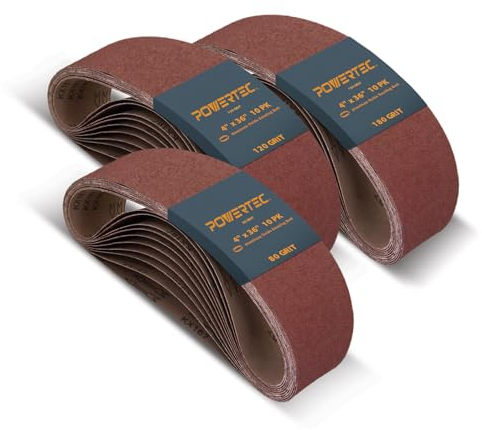 POWERTEC 30 Stück, je 10 Stück Körnung 80, 120, 180, 10 x 91,4 cm, Aluminiumoxid-Schleifband-Sortiment, Schleifpapier für Band- und Tellerschleifer (110682)
