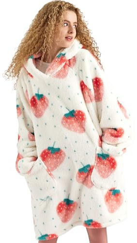 Bedsure Tragbare Decke, Kapuzenpullover, Geschenke für Frauen – Erdbeer-Druck, Shaggy, Sherpa, gemütliche Kapuzenjacke für Erwachsene, warmes Kapuzen-Sweatshirt