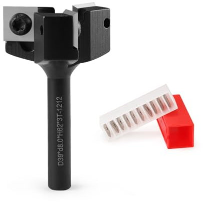 HOZLY Planfräser 8mm Schaft mit 10 Austauschbaren Hartmetallmessern (12x12x1.5mm), 3 Flöten CNC Planfräser 39 mm Durchmesser, 8mm Planfräser Oberfräse Fräser Abflachfräser Oberflächenbit