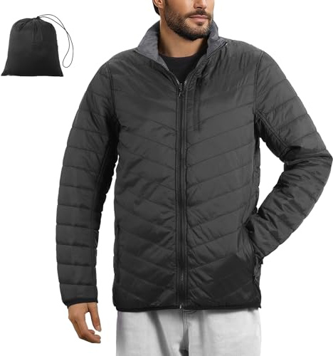 JEMIDI Chaqueta Acolchada Hombre - Plumifero Ultraligero Reversible - Cazadora Ligera Impermeable 5 Bolsillos Cremallera - Con Bolsa de Transporte - Negro/Gris Oscuro