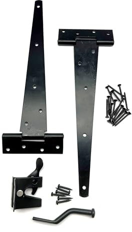 Heavy Duty Garden Gate Black Hinge Pack. 2X 12 Tee Hinges, Auto Close Latch and All Fixings. Hanging Kit for Gates and Doors. Japanned Corrosion and Weather Resistant External Hinge Set.