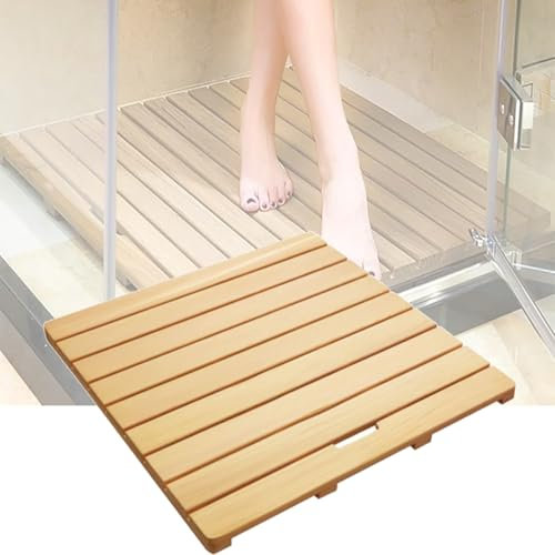 Aeveot Caillebotis Douche, Tapis de Bain Antiderapant, Caillebotis de Douche Bois pour Salle de Bain, Piscine, Sauna, avec Pieds Antidérapants Antiglisse, Tapis de Douche(Dark Color,30cmx30cm)