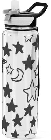 Mnsruu Transparente Sport-Wasserflasche mit Strohhalm, auslaufsichere Trinkflasche, Schwarz und Weiß, niedliche Sterne, Fahrradflaschen für Sport, Büro, Schule, BPA-freier Tritan-Kunststoff, 1 Liter