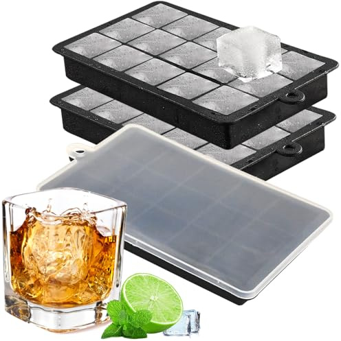 Armo® Pack of 3 Silicone Ice Cube Tray 15 Square Ice Cube Tray with Lid Freezer Ice Cube Maker Large Ice Trays for Whiskey Cocktails BPA Free
