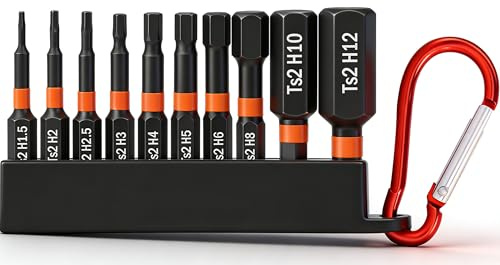 K Kwokker 10PCS Hex Allen Key Drill Bit Set, 50mm S2 Steel Metric Hex Head Allen Wrench Drill, H1.5-H12 1/4 Shank Magnetic Bits Set with Locking Carabiner