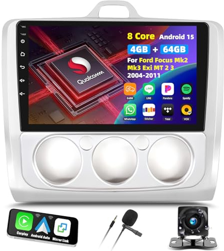4+64G 8 Core Qualcomm Android 15 Autoradio für Ford Focus Exi MT 2 3 MK2 MK3 2004-2011, 9 Touchscreen Radio mit CarPlay Android Auto GPS WiFi FM/RDS DSP 3D Auto Modell Showcase+Rückfahrkamera