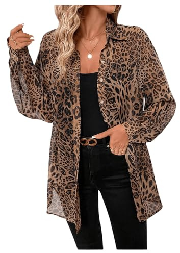 GORGLITTER Women's Chiffon Sheer Blouses Leopard Print Long Sleeve Button Down Collared Loose Elegant Shirts Brown Large