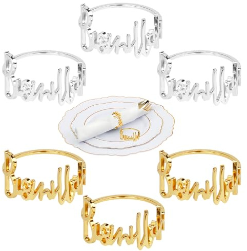 Lot de 6 ronds de serviette dorés et argentés en métal pour décoration de table Porte-serviettes pour occasions festives, mariage, restaurant, hôtel, vaisselle festive, tables de Noël