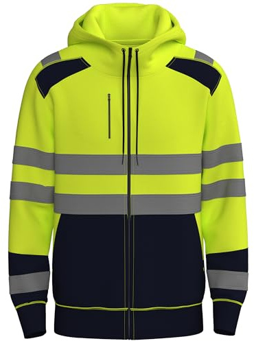 NOROZE Mens Hi-Viz Front zip Hoodie Reflective Tape High Visibility Safety Hoody Coat With 5 Zip Utility Pockets Sweatshirt Top Jacket (L, Style 1: Neon Green/Navy)