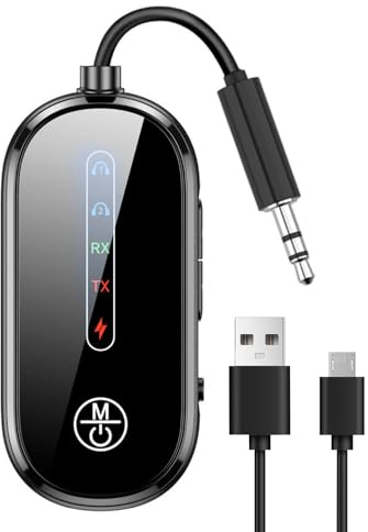 Trasmettitore e Ricevitore Bluetooth 2 in 1 con 5.4 per Aereo, Doppia Connessione per AirPods, Cuffie, Adattatore AUX 3.5mm per Aerei, Auto, TV, e Altri Dispositivi